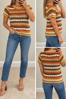 Strut & Bolt Crochet Knit Striped Short Sleeve Sweater Top Size Small